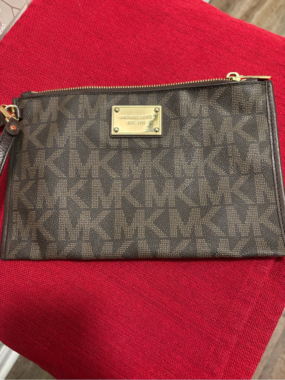 Michael Kors Brown Logo Wristlet with Gold Hardware